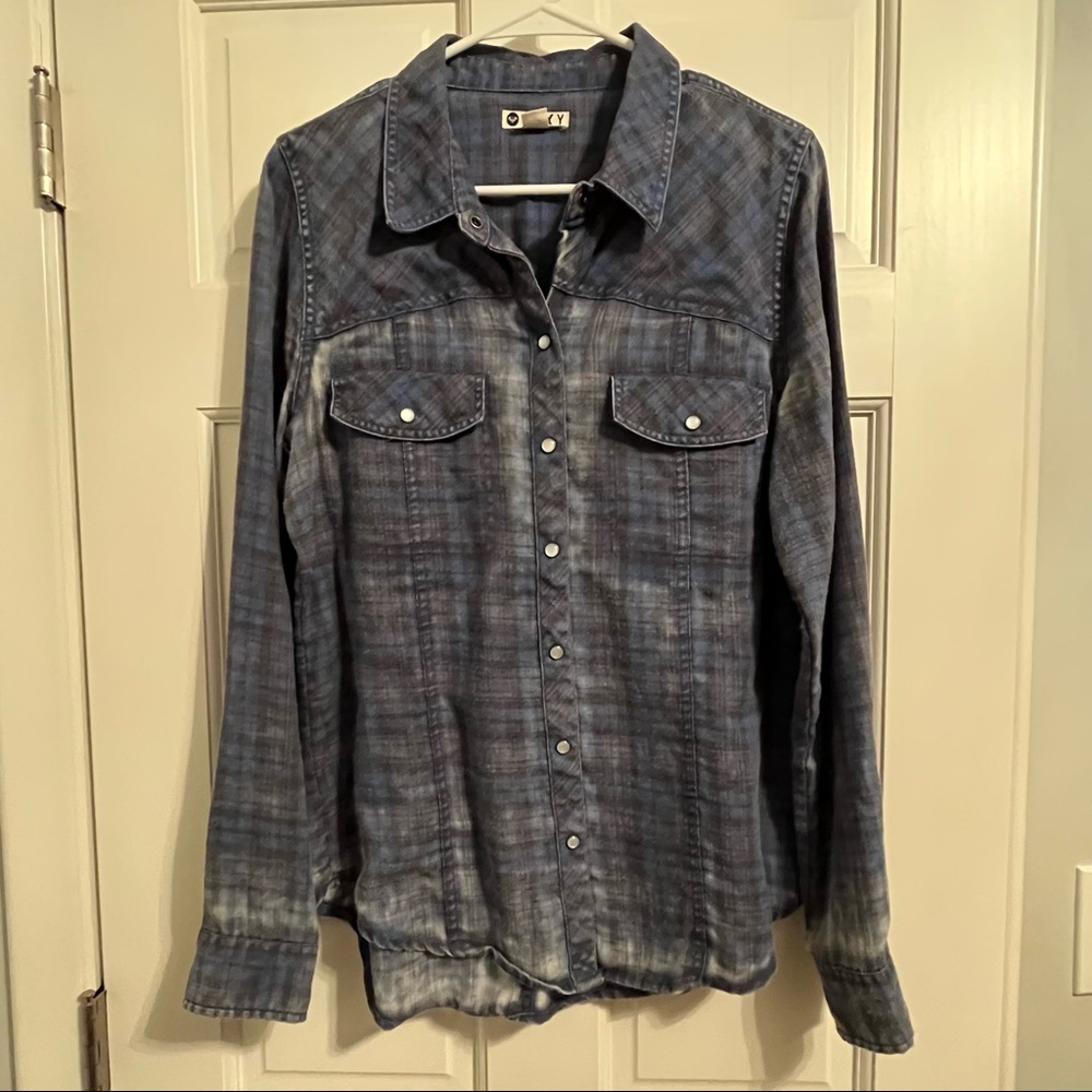 Roxy Long-sleeve Blue Plaid Snap Button-down Top Size Large